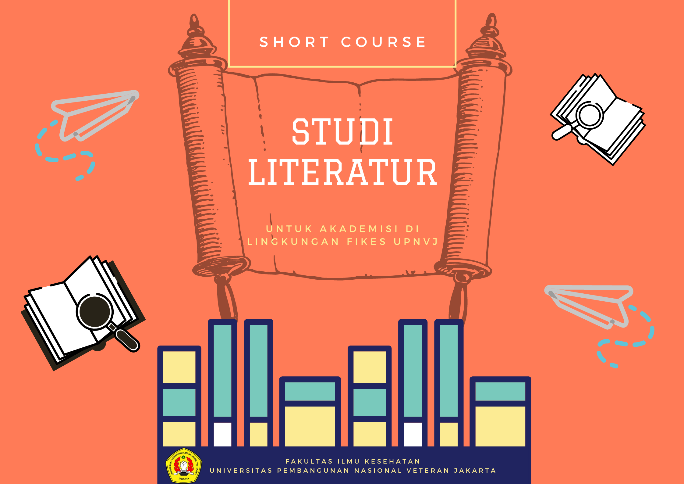 Poster Studi Literatur dengan gambar buku dan scroll